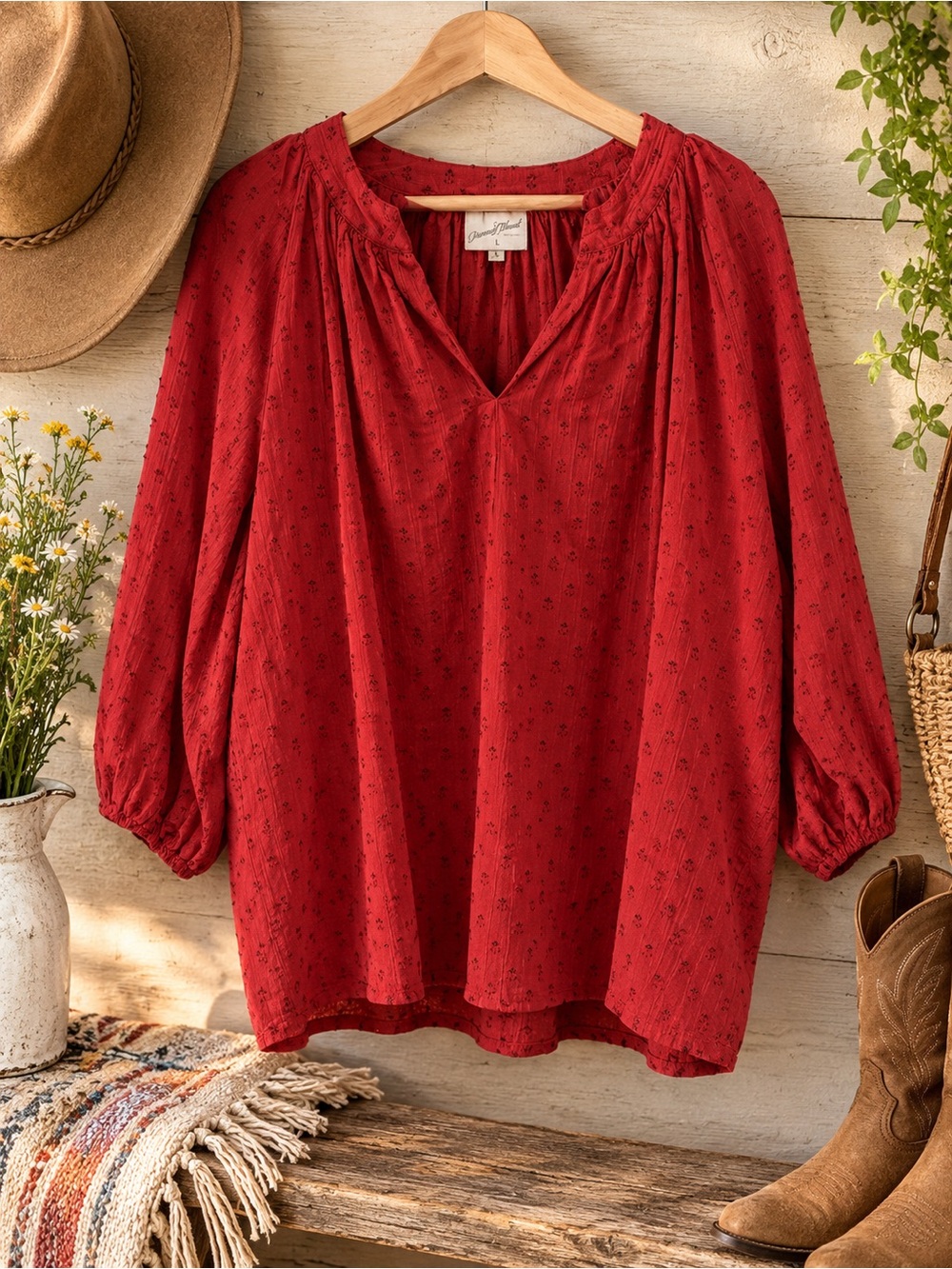 ❤️ Universal Thread Red Textured Boho Coastal Peasant Blouse | L